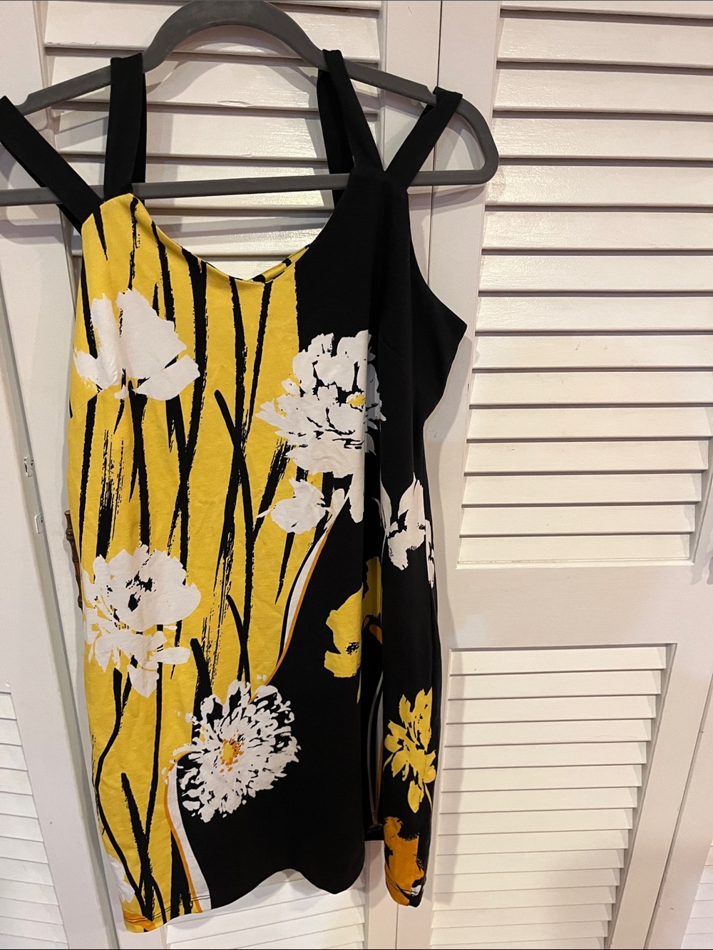 Yellow and Black Floral Mini Dress with White Accents